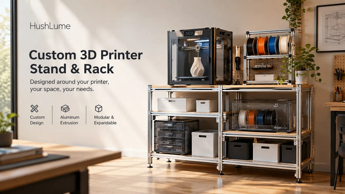 Custom 3D printer stand and aluminum extrusion rack with printer, filament storage, and workspace organization.