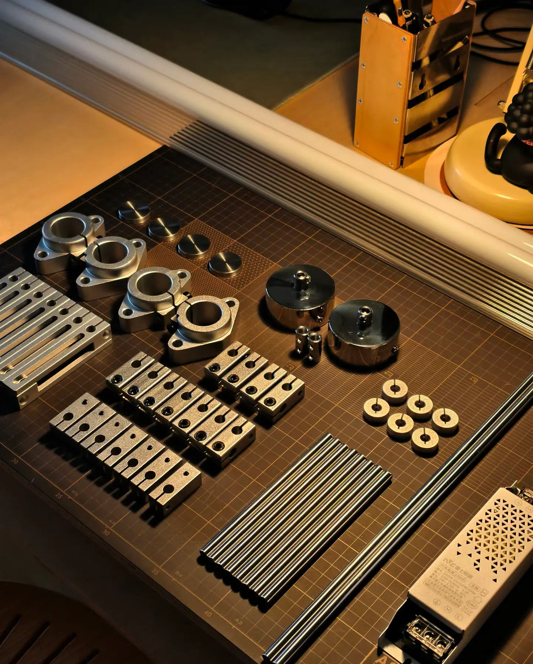HushLume custom acrylic desk accessories — personalized monitor risers, shelves, and display pieces in custom colors, gradients, and engraved text