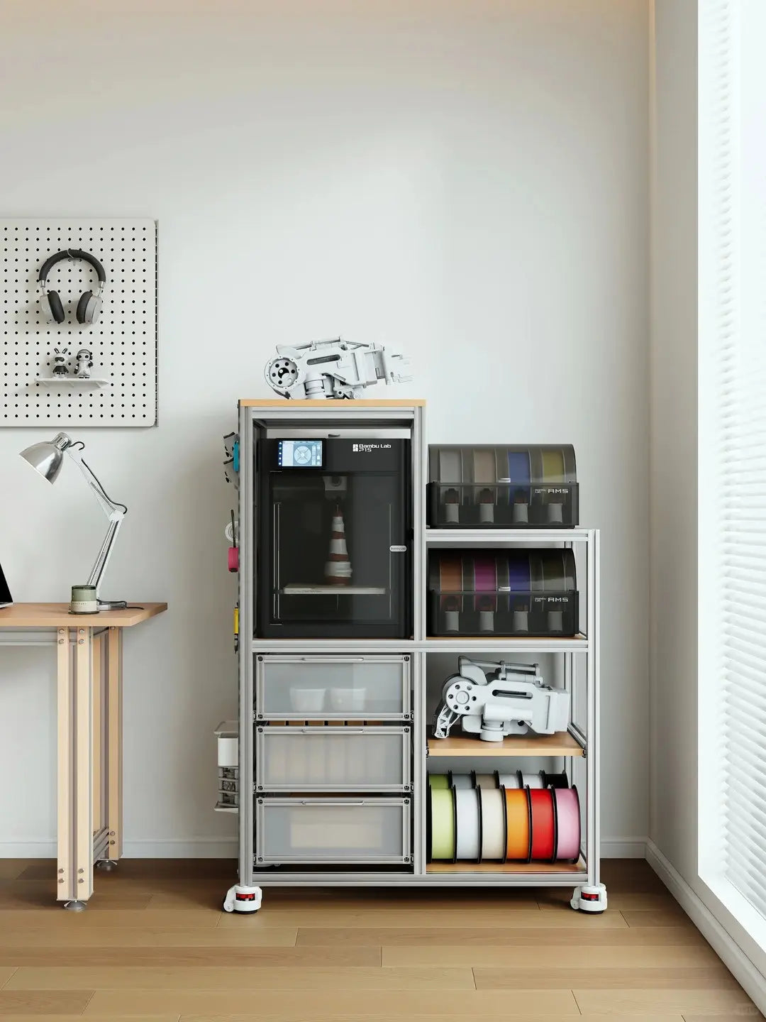Aluminum profile 3D printer stand with shelf panels installed