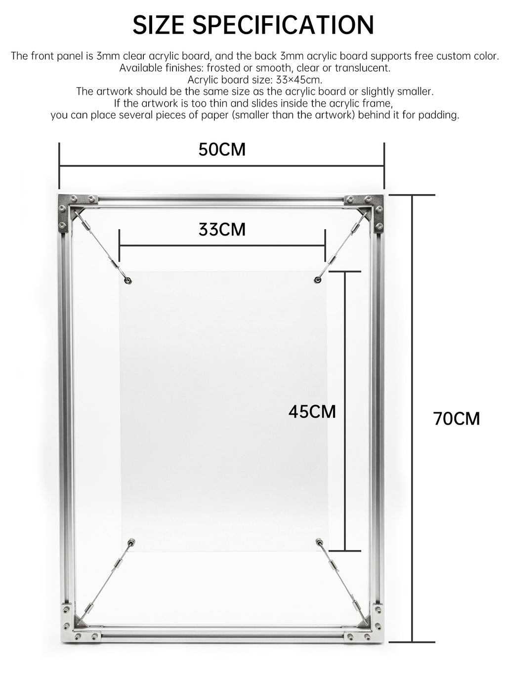 Size specification and dimension chart of HushLume 50x70cm industrial aluminum floating frame, detailing the 33x45cm customizable acrylic panel size.