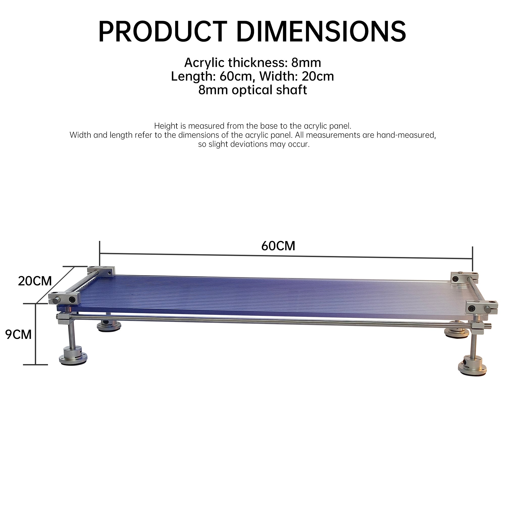 HushLume custom size specification and dimension chart showing acrylic and industrial steel desk shelf configurations
