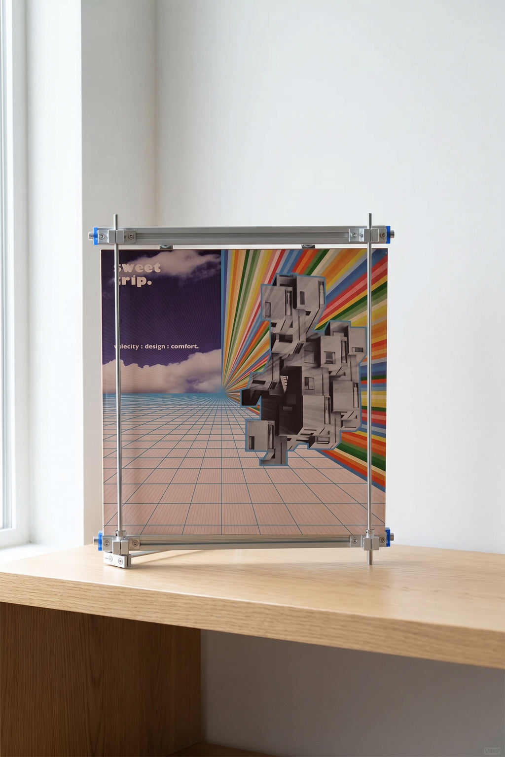 HushLume industrial vinyl record stand styled with a vintage animal album cover in a desk display setup
