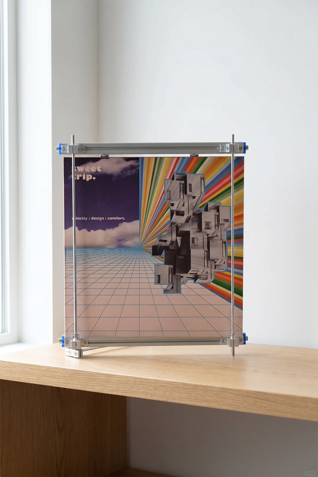 HushLume industrial vinyl record stand styled with a vintage animal album cover in a desk display setup
