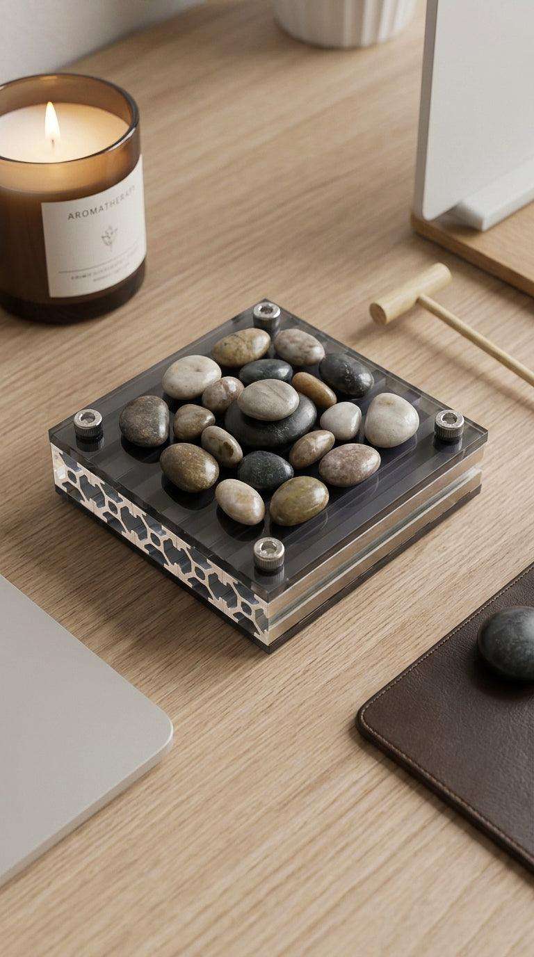 Lifestyle shot of HushLume 10x10cm industrial aluminum base used as a Zen river rock display tray, paired with an aromatherapy candle on a wooden desk.