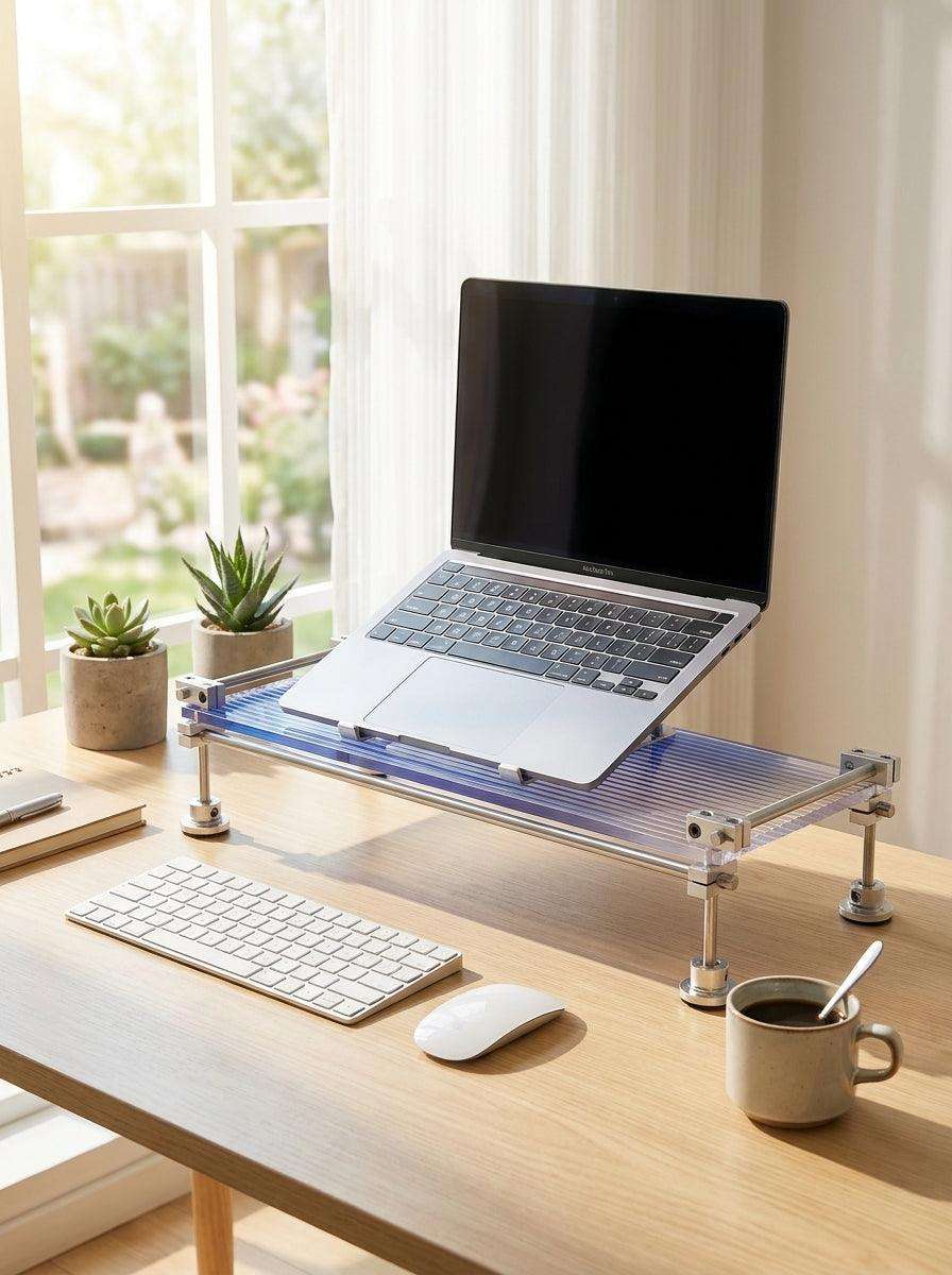 HushLume custom chrome plated carbon steel desk shelf with a MacBook on a wooden table, featuring a minimalist workspace with natural light, plants, and coffee.