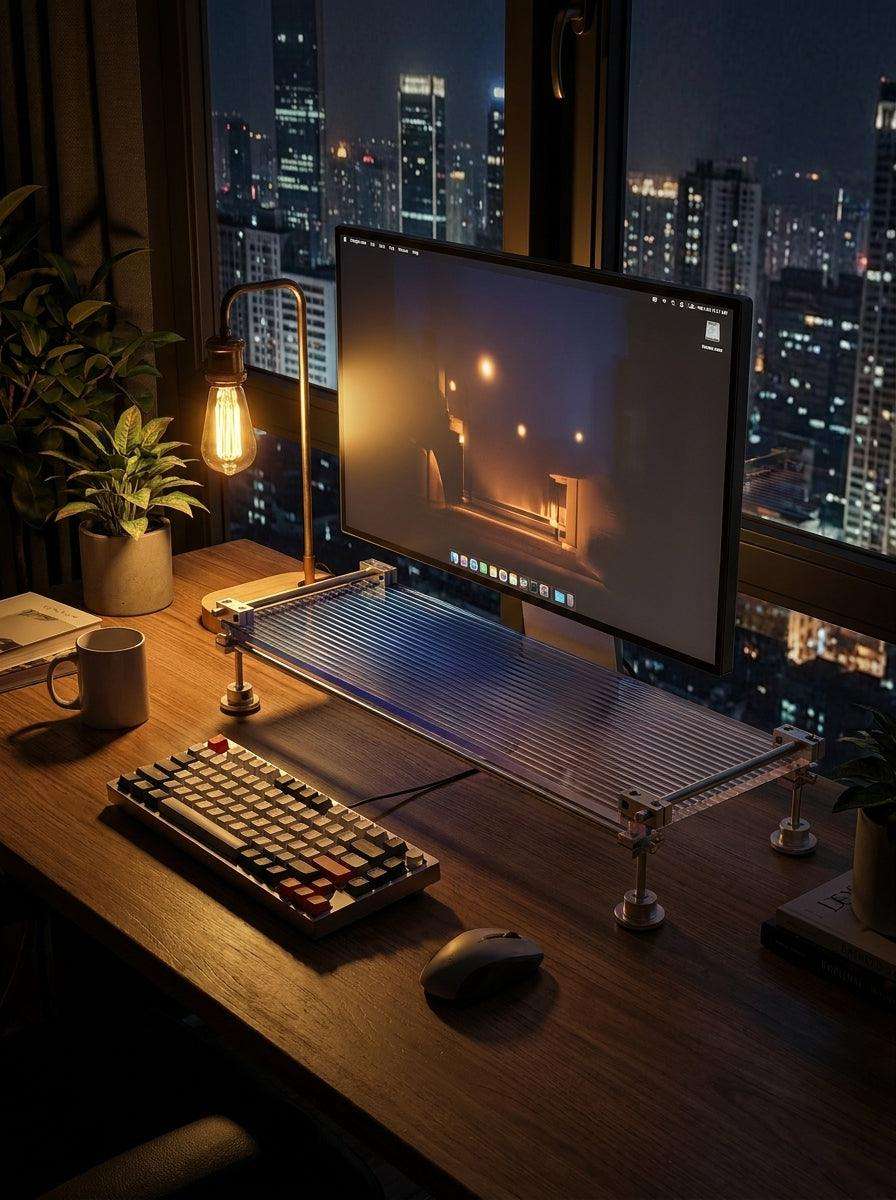 HushLume custom chrome plated carbon steel and acrylic monitor stand riser in a cozy nighttime desk setup with a city skyline view and vintage desk lamp.