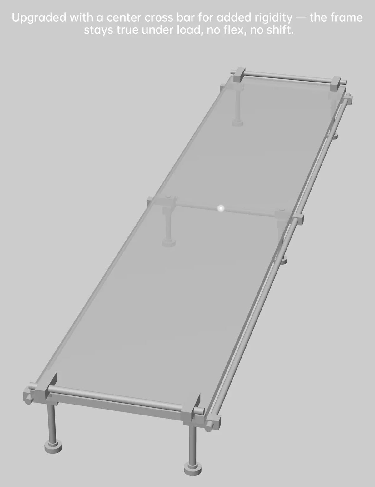 Chrome steel monitor riser frame with center cross bar for structural stability, clear acrylic panel, aluminum fittings, isometric view on gray background
