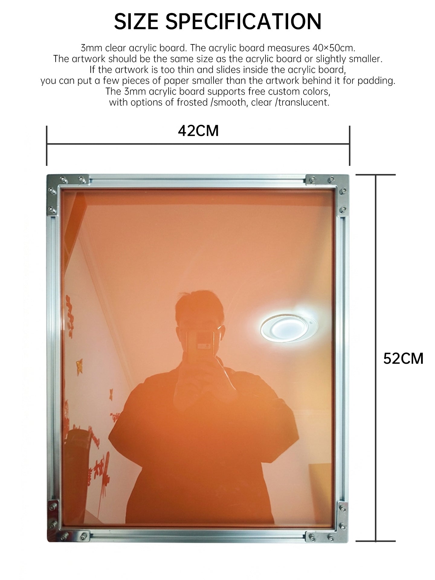 Size specification and dimension diagram of HushLume 42x52cm industrial aluminum picture frame, explaining 40x50cm acrylic board customization choices.