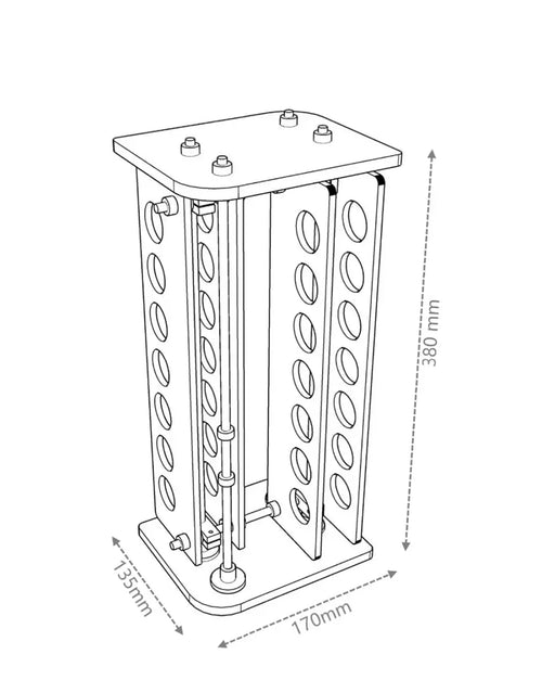 HushLume Mini coffee bean display stand — chrome steel, acrylic panels, 14-tube rotating base, 170×135×380mm