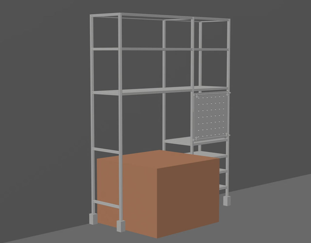 3D design preview of a custom modular aluminum-profile shelving unit with adjustable storage levels.