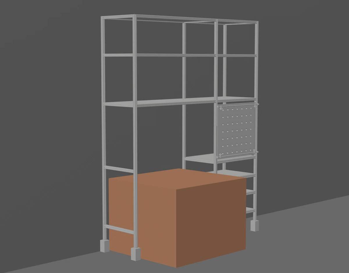 3D design preview of a custom modular aluminum-profile shelving unit with adjustable storage levels.
