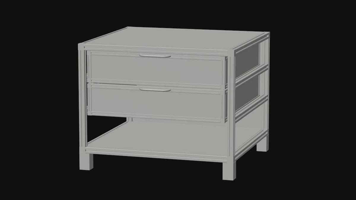 3D design preview of a small custom aluminum-profile cabinet with storage compartments.