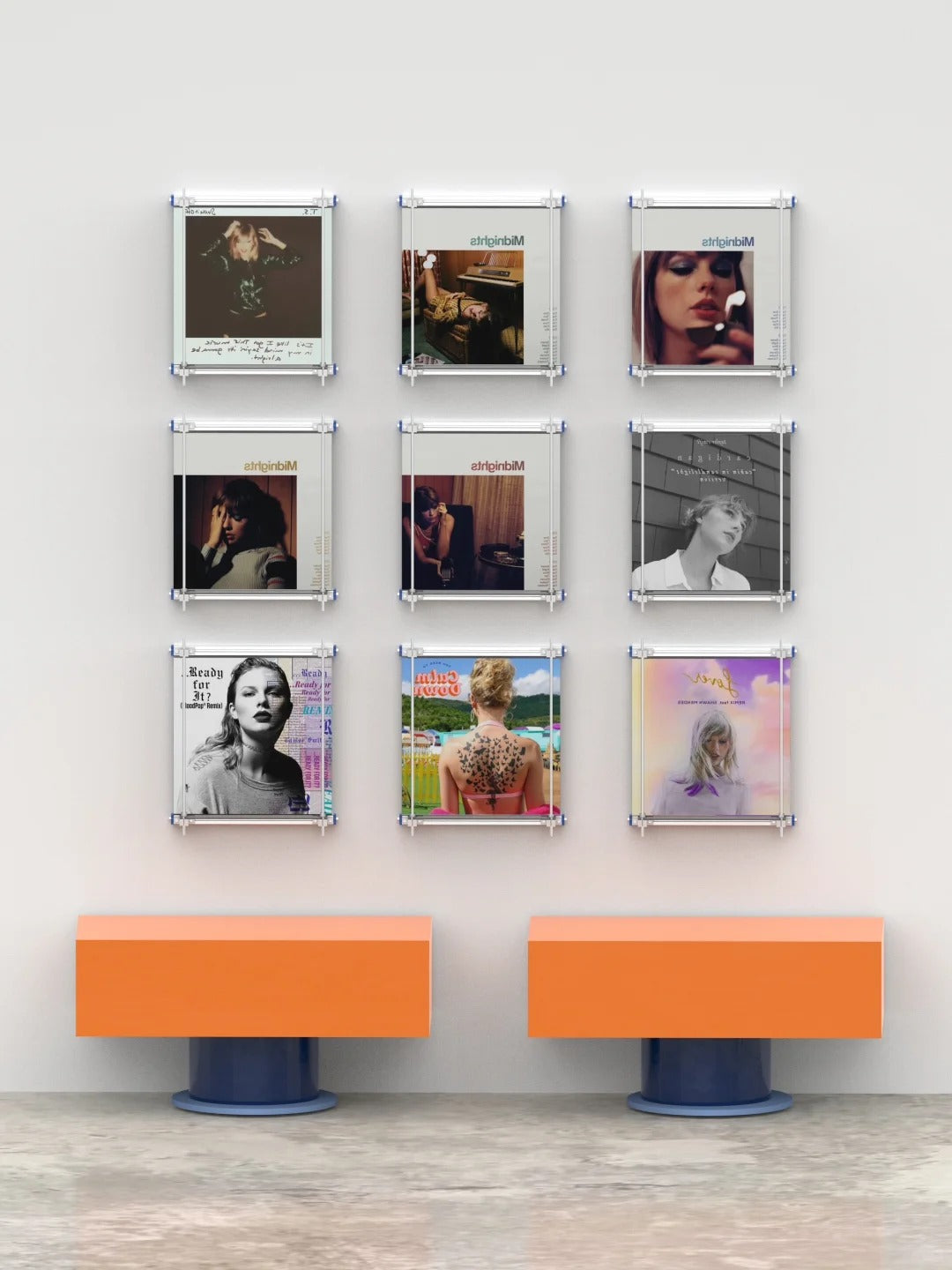 A multi-functional acrylic and aluminum storage shelf showcasing modular configurations for both desktop and wall-mount setups, holding vinyl records and aesthetic glassware in a cozy modern home interior with warm cinematic lighting.