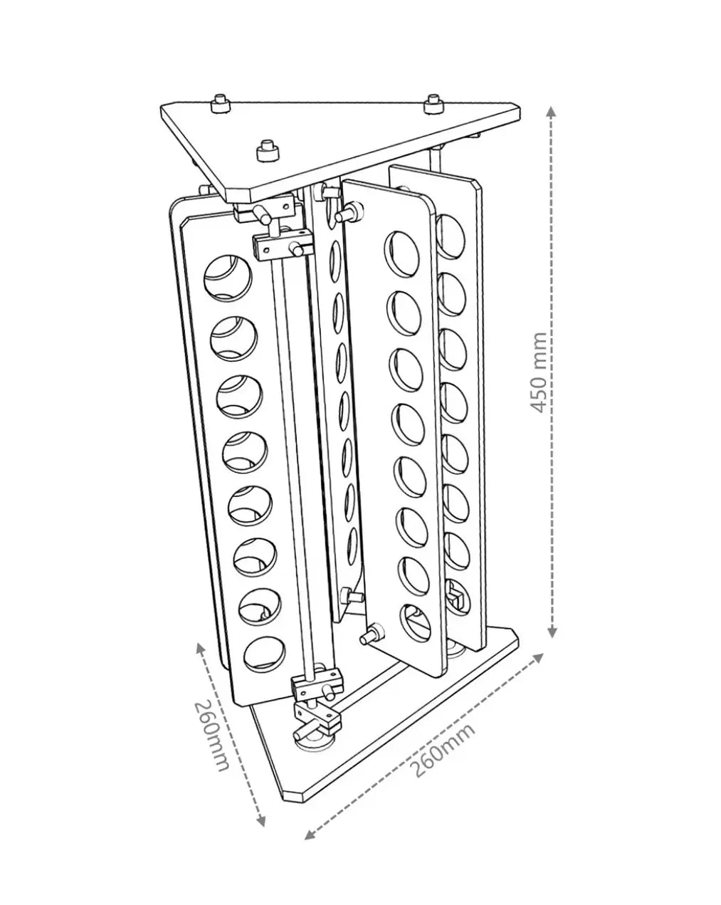 HushLume Pro coffee bean display stand — chrome steel, acrylic panels, 24-tube rotating base, 260×260×450mm
